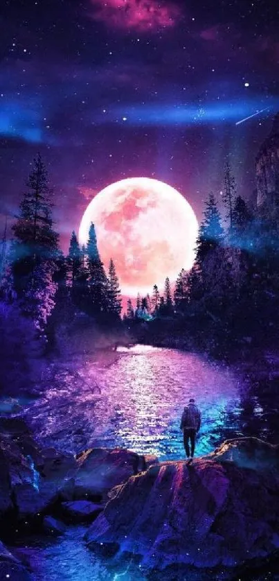 Mesmerizing moonlit forest with shimmering river and vivid colors.