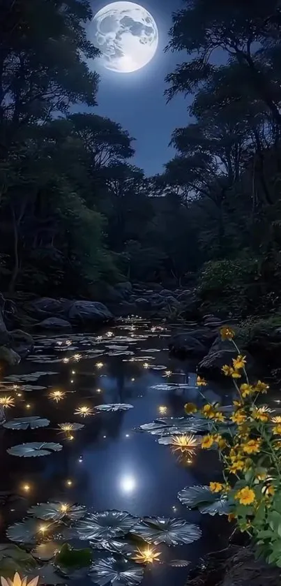 Moonlit forest with glowing flowers and a serene river at night.
