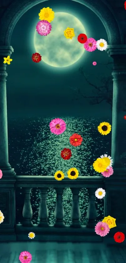 Moonlit garden with colorful flowers and a glowing sky.