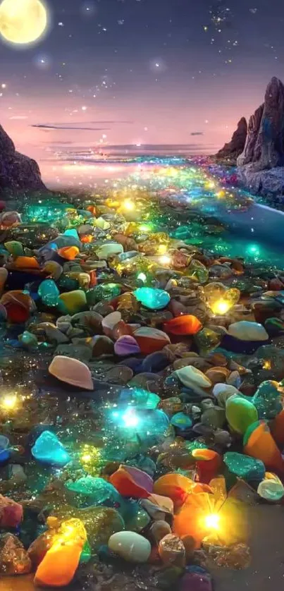 Moonlit pathway with colorful glowing gems on a beach.