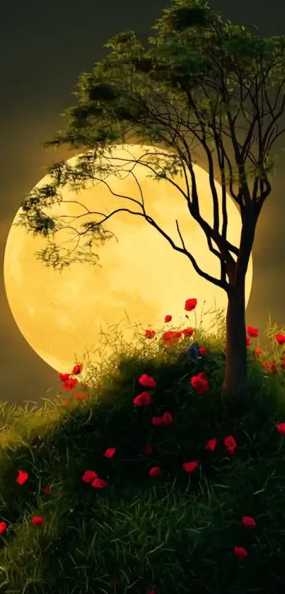 Tree and red flowers under a golden moonlit sky.