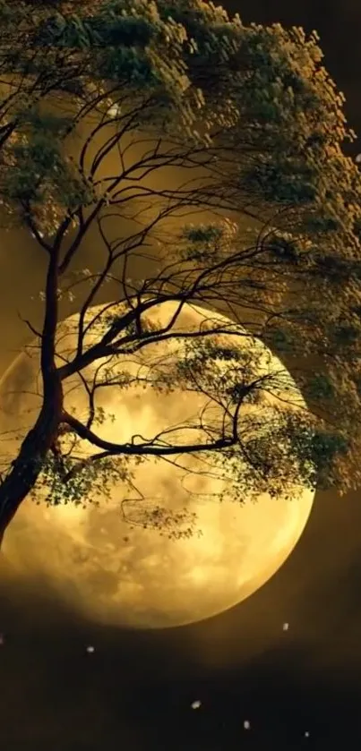 Moonlit landscape with tree silhouette against a luminous full moon.