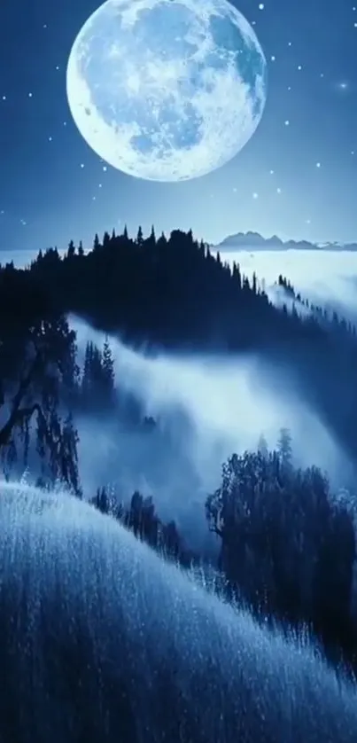 Moonlit mountain landscape with deep blue hues and starry sky.