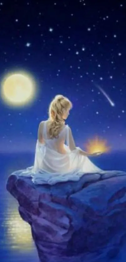 Woman on a rock under a starry moonlit sky wallpaper.