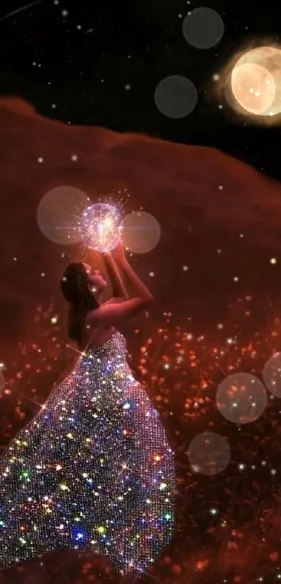 Moonlit night scene with a woman in a sparkling dress beneath a glowing moon.