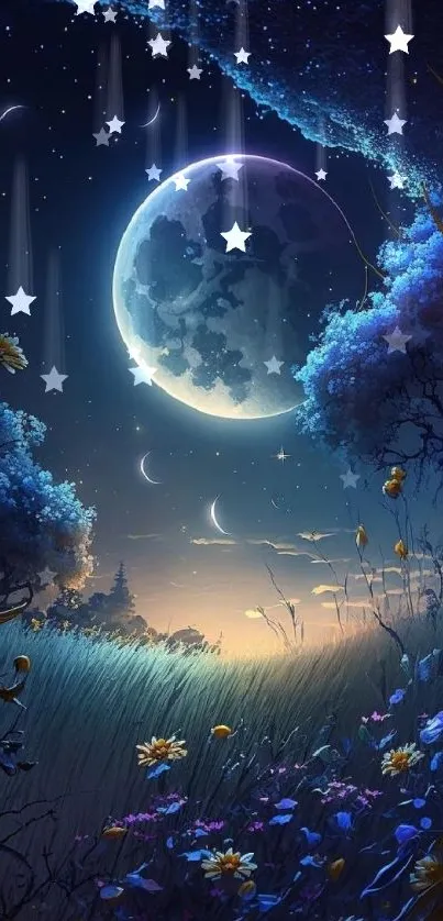 Moonlit night with vivid flowers and stars.