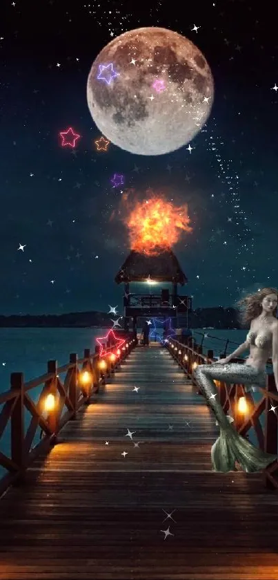 Moonlit pier with mystical figure under a full moon.