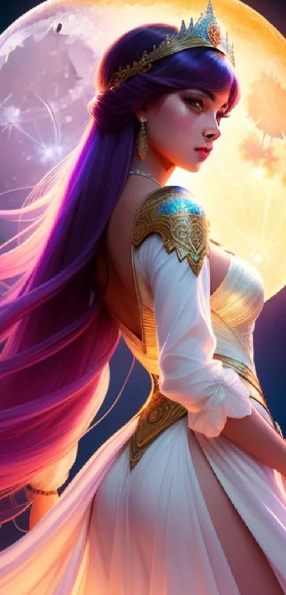 Fantasy art of a moonlit princess with purple hair and a golden moon backdrop.