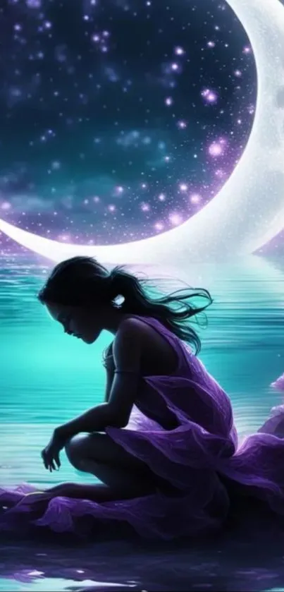 Silhouette of a person against a moonlit, starry night scene with water reflection.