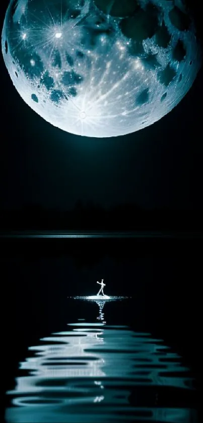 Majestic full moon reflecting on calm waters under a starry night sky mobile wallpaper.