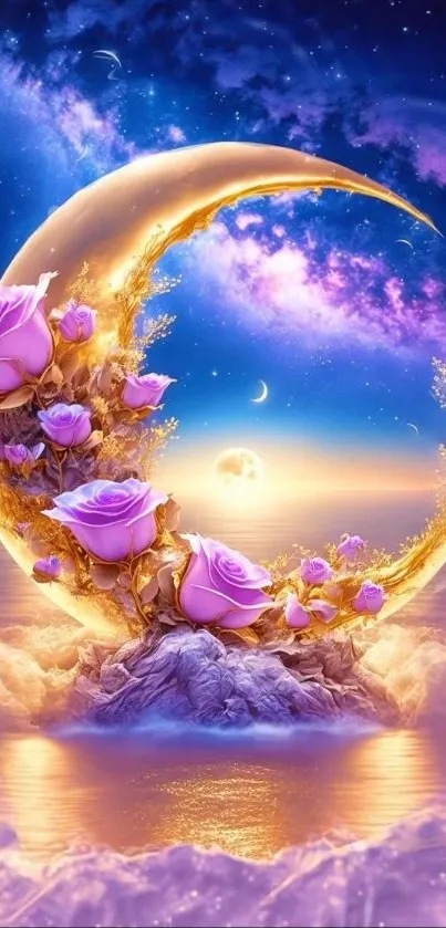 Fantasy wallpaper with crescent moon and pink roses under starry sky.