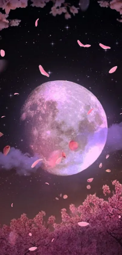 Moonlit sakura night with cherry blossoms.