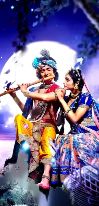 Enchanting moonlit scene with couple and flute, vibrant colors, cultural attire.