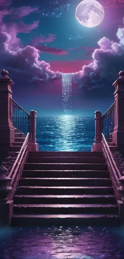 Enchanting moonlit staircase with ocean view in fantasy art design.