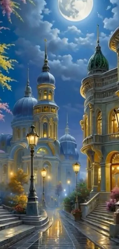 Enchanting moonlit street with historic architecture and glowing lamps.