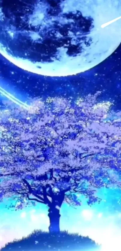 Moonlit tree against a cosmic night sky with vibrant blues.