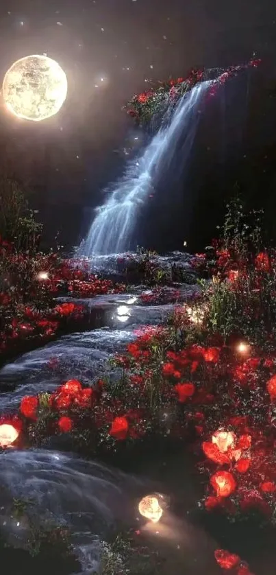 Enchanting night scene with moonlit waterfall and red flowers.