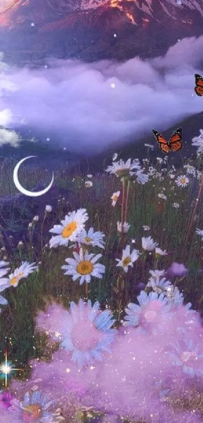 Enchanting mountain wallpaper with flowers and butterflies in purple hues.