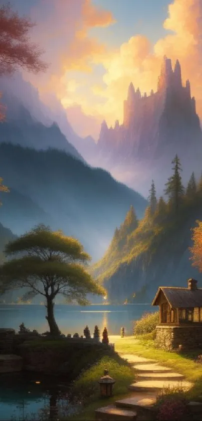 Enchanting mountain landscape art with vibrant trees and a peaceful lake.