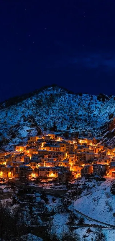 Enchanting mountain village at night, with glowing lights and snowy peaks.
