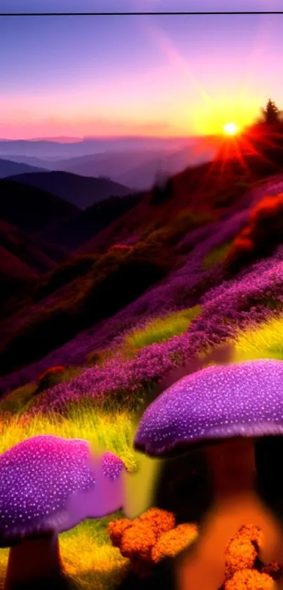 Vibrant mountain sunset with mushrooms and colorful landscape.