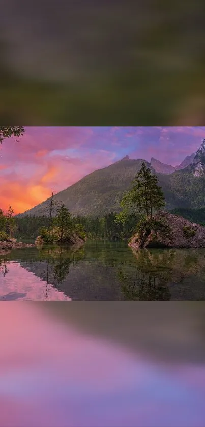 Stunning mountain and lake sunset wallpaper with vibrant purple hues.