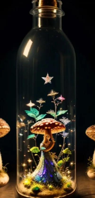 A magical glowing mushroom scene inside a glass bottle, surrounded by starry lights.