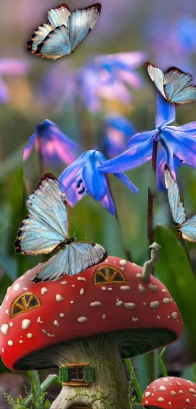 Whimsical scene with red mushroom and blue butterflies in a garden.