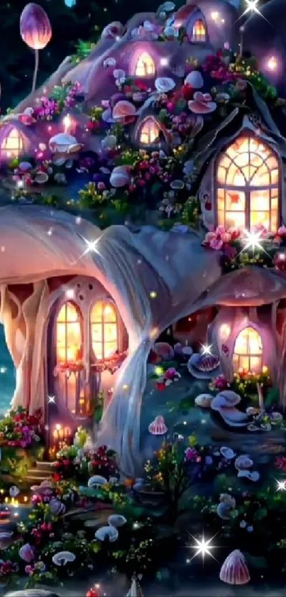 Magical mushroom house glowing in a mystical night setting, surrounded by flowers.