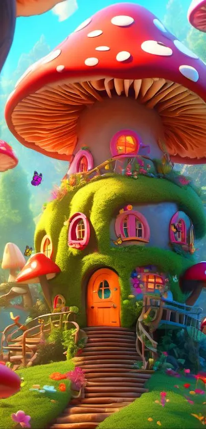 Whimsical mushroom house in vibrant fantasy setting.