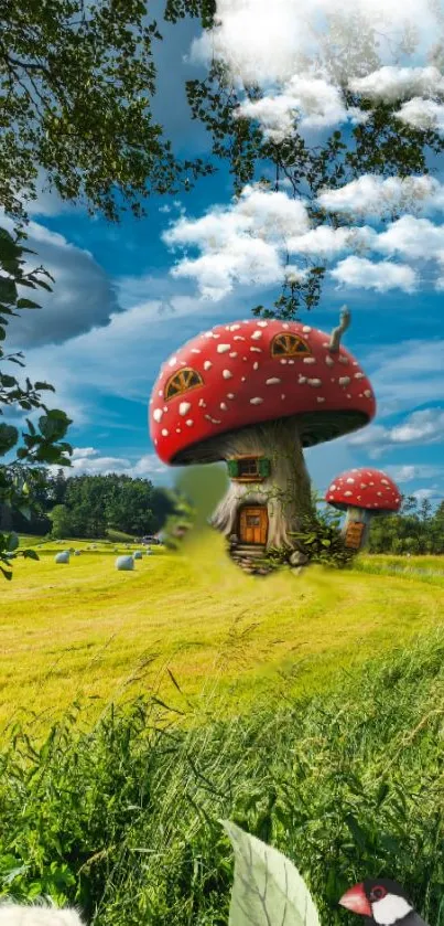 Whimsical mushroom house in lush green meadow under blue sky.