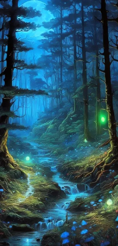 Mystical forest with glowing mushrooms and blue ethereal light.