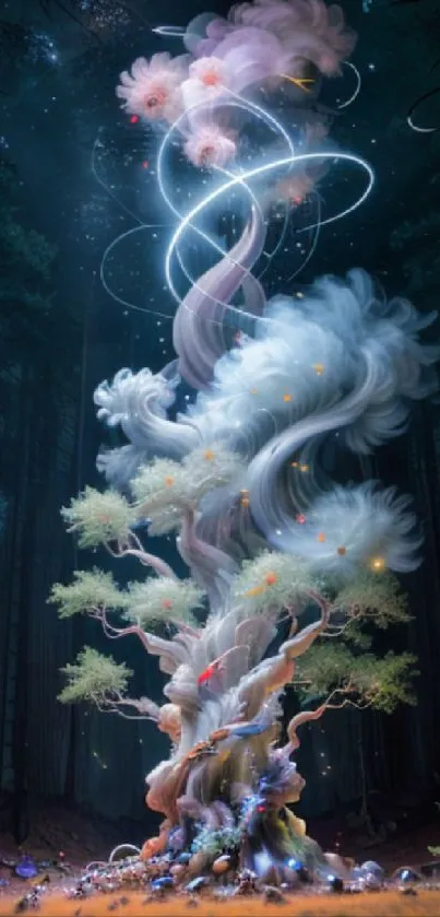 Mystical tree with swirling lights in an enchanting forest setting.