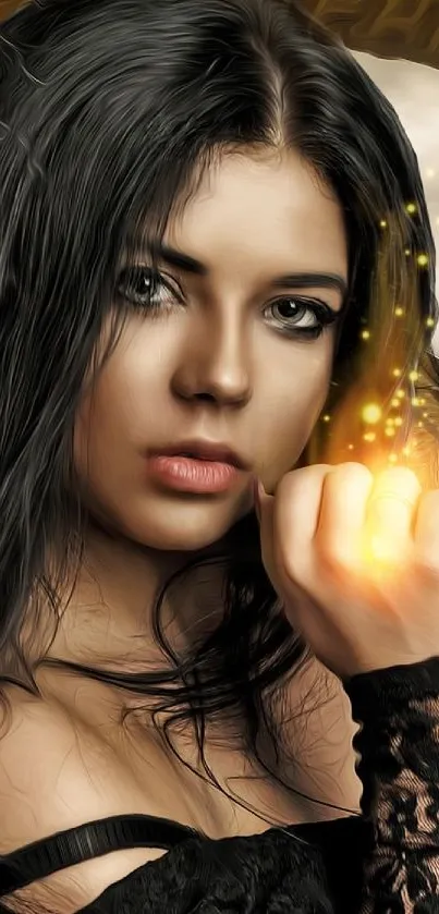 Mystical digital portrait wallpaper with glowing effect.