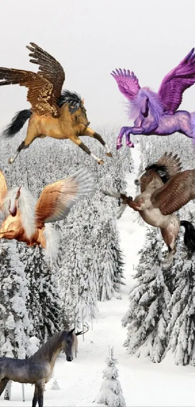 Magical unicorns and creatures in snowy winter forest wallpaper.