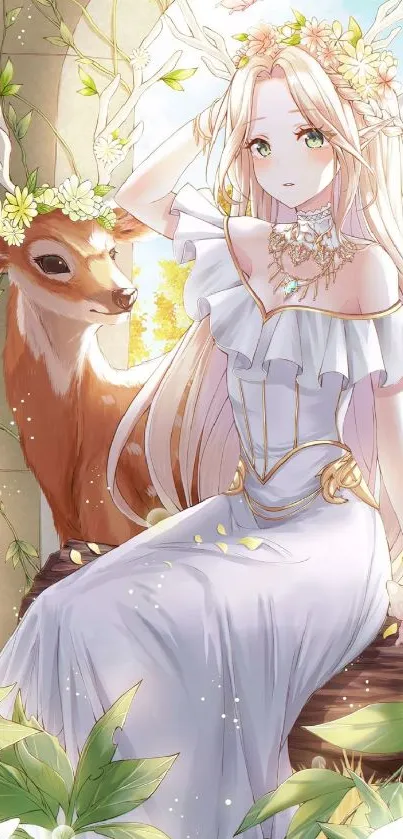 Anime artwork with a serene woman and deer in a lush, flowery forest setting.