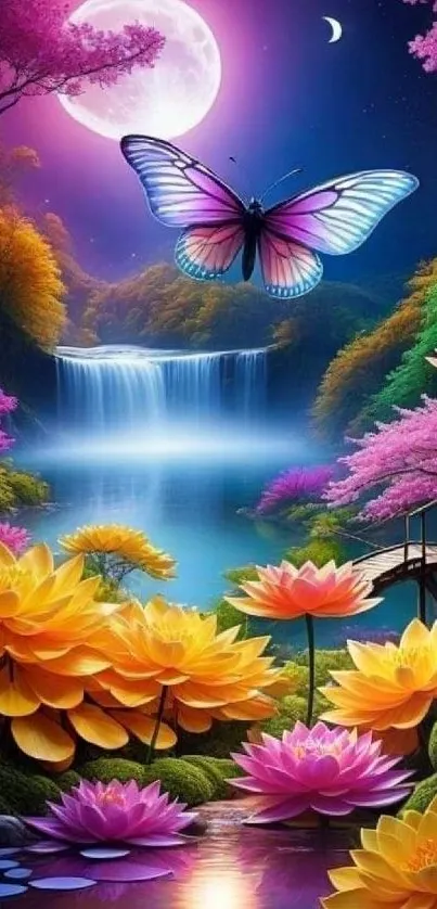 Fantasy landscape with butterfly and moonlit waterfall.