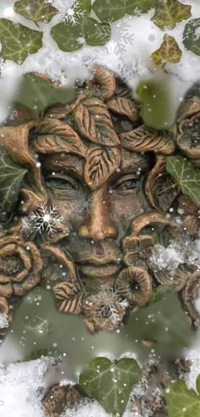 Mystical face design with leaves and snowflake accents.