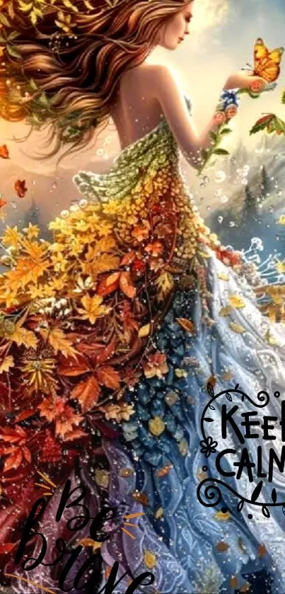 Fantasy art mobile wallpaper with autumn leaves.