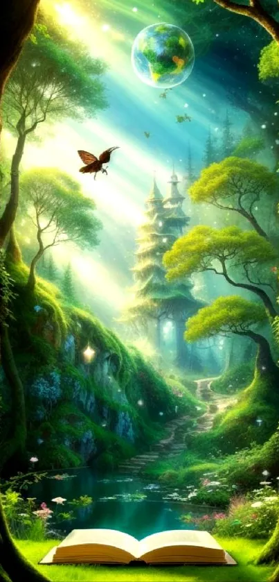 Magical forest with book and butterfly under glowing sky.