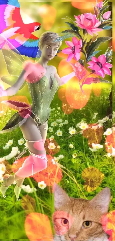 Fantasy wallpaper with fairy, parrot, flowers, and a cat in a lush green forest.