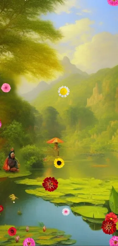 Serene nature scene with colorful flowers and lush green landscape.