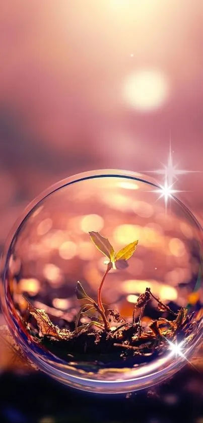 Delicate plant encased in a glowing bubble on a soft pink background.