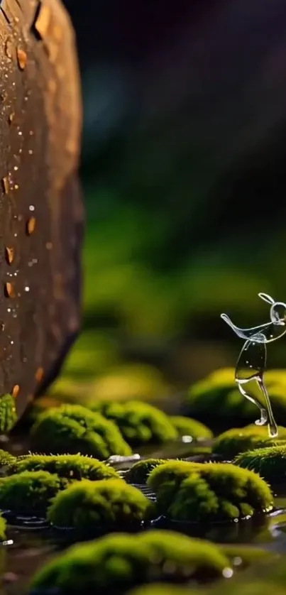 Whimsical water droplet sculpture on mossy landscape with serene backdrop.