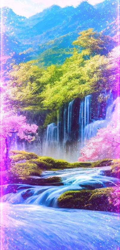 Scenic mobile wallpaper with lush greenery, waterfalls, and cherry blossoms.