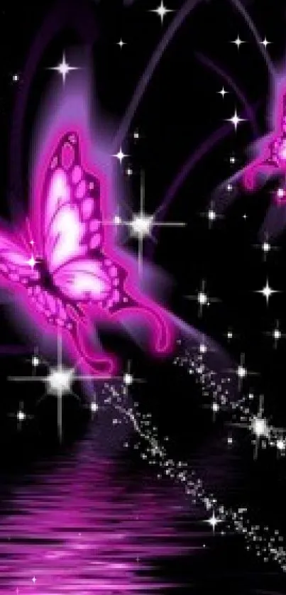 Neon pink butterfly wallpaper with a starry night sky.