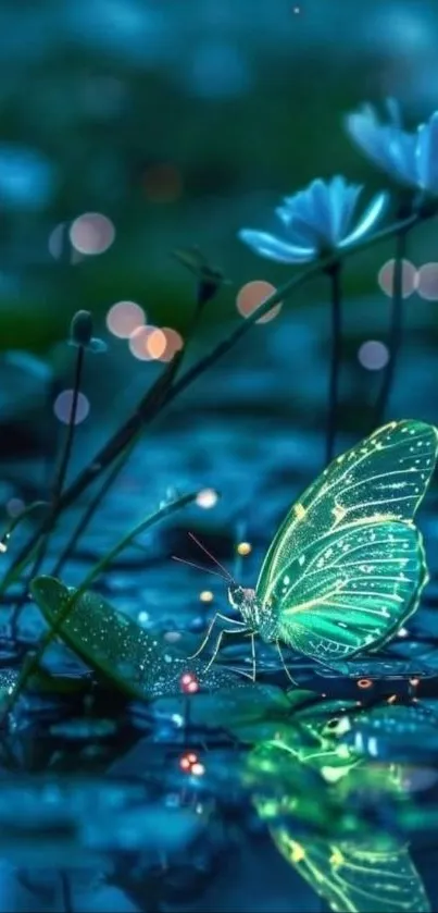Neon butterfly in magical, serene blue setting.