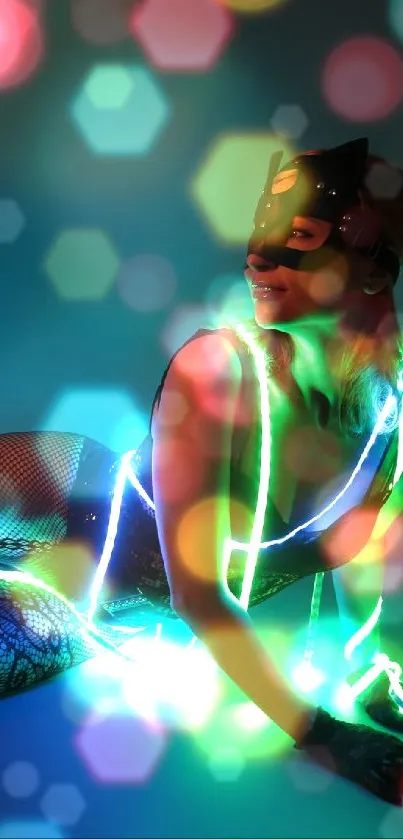 Neon lights illuminate a captivating figure in dynamic costume pose.