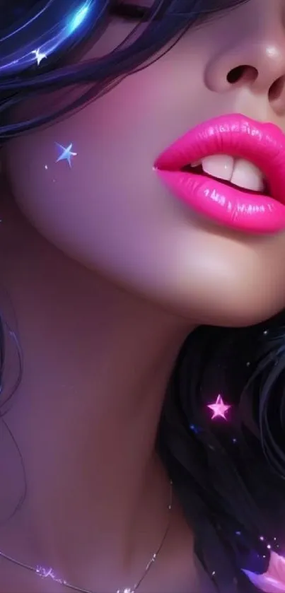 Dreamy neon portrait with glowing pink lips and starry accents.