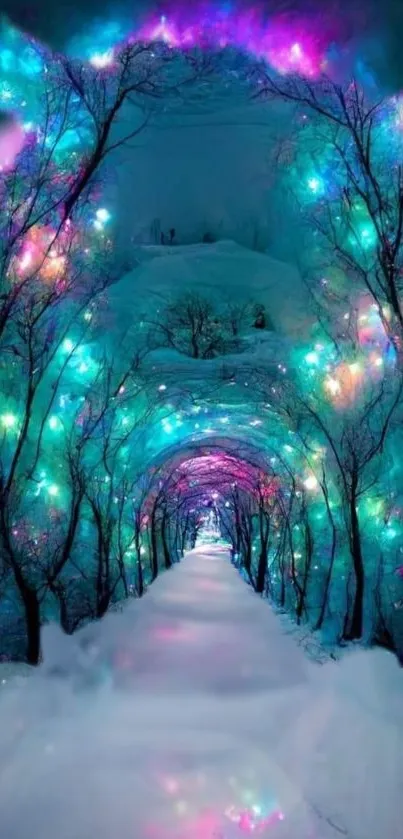 Neon forest path with vibrant lights and snowy landscape.